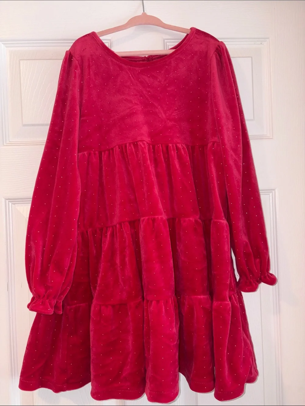 Tahari Girls' Ruby Red Velvet Tiered Dress with Subtle Sparkle